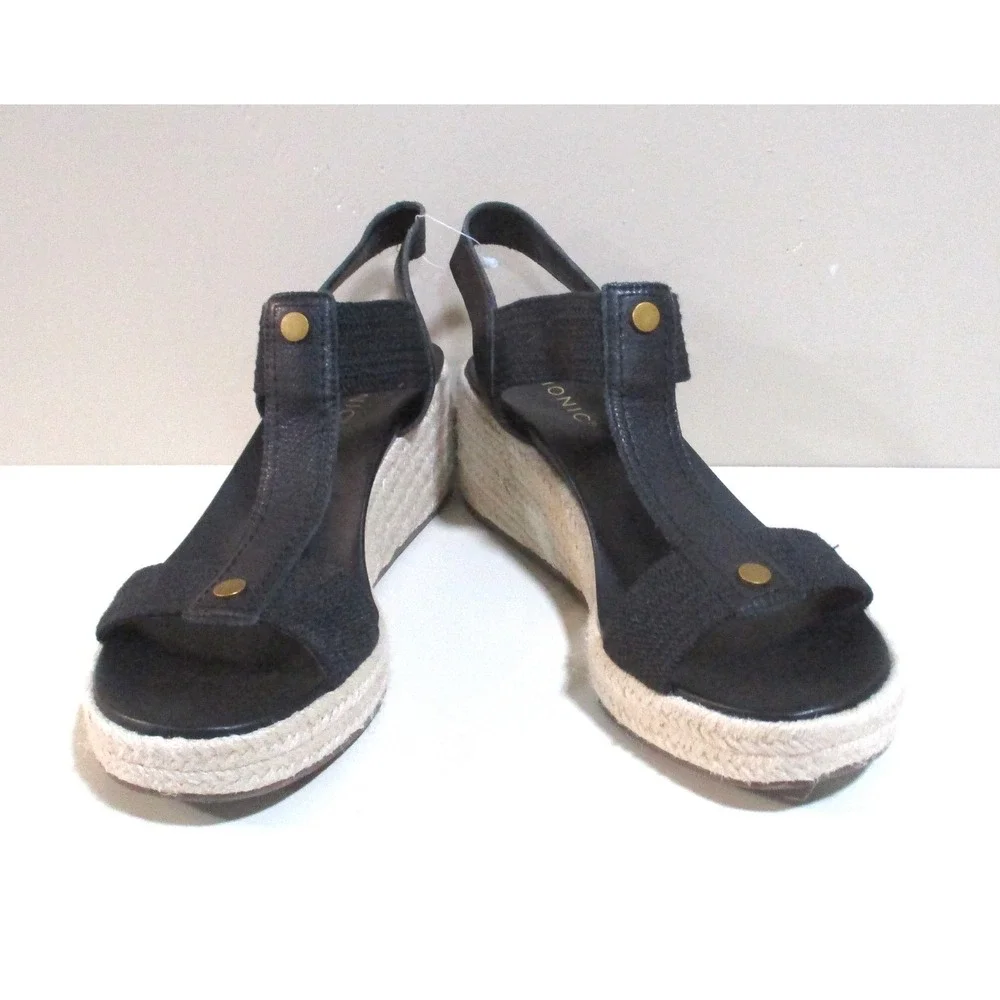 Vionic Calera Black Espadrille Wedge Sandals Womens 10 T-Strap Platform Orthotic